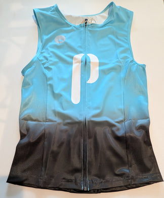 Light blue and black sleeveless top with a logo on a light background